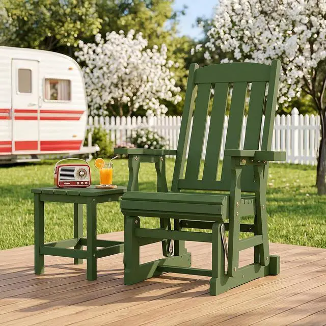 Alt view image 2 of 7 - VINGLI Outdoor Glider Chair Wood Patio Glider with Cup Holder, Porch Glider with Smooth Rocking Mechanism, Heavy Duty 600 LBS, Dark Green