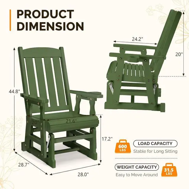 Alt view image 3 of 7 - VINGLI Outdoor Glider Chair Wood Patio Glider with Cup Holder, Porch Glider with Smooth Rocking Mechanism, Heavy Duty 600 LBS, Dark Green