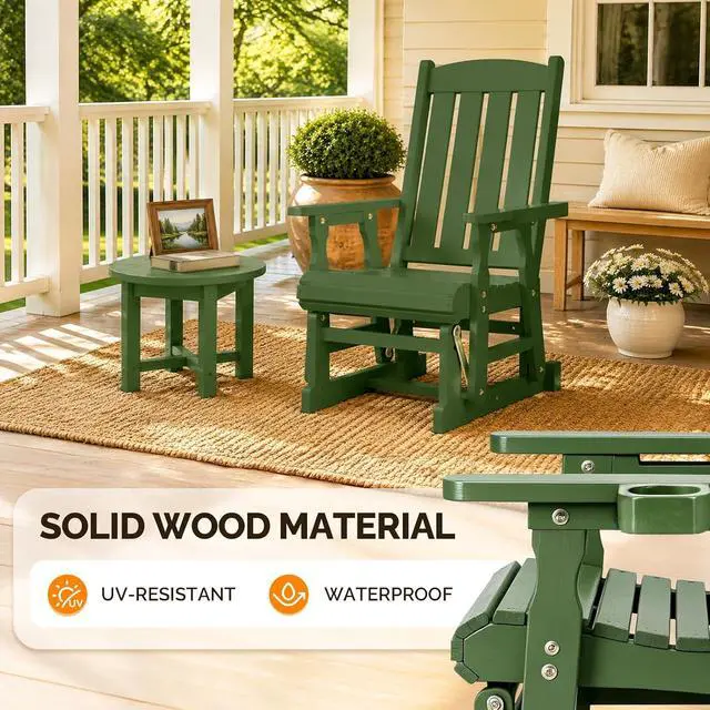 Alt view image 4 of 7 - VINGLI Outdoor Glider Chair Wood Patio Glider with Cup Holder, Porch Glider with Smooth Rocking Mechanism, Heavy Duty 600 LBS, Dark Green