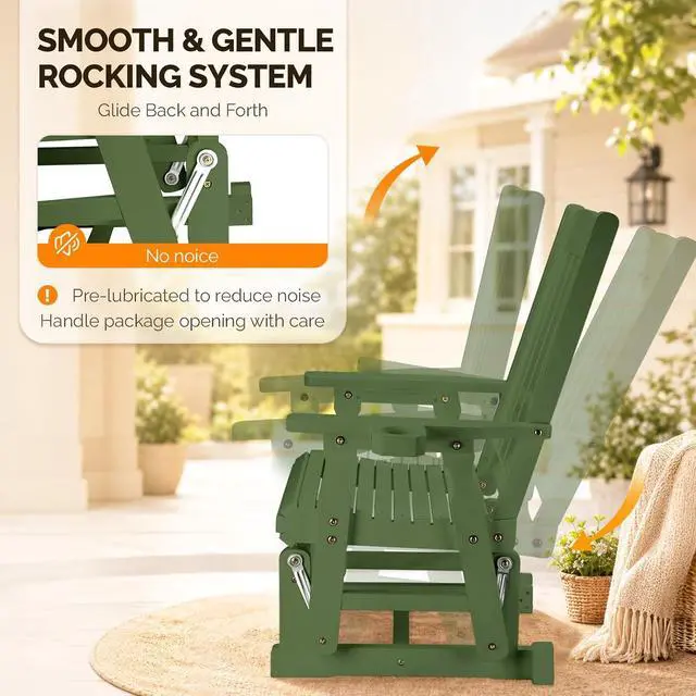 Alt view image 6 of 7 - VINGLI Outdoor Glider Chair Wood Patio Glider with Cup Holder, Porch Glider with Smooth Rocking Mechanism, Heavy Duty 600 LBS, Dark Green