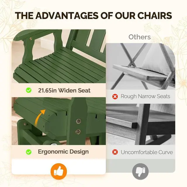 Alt view image 7 of 7 - VINGLI Outdoor Glider Chair Wood Patio Glider with Cup Holder, Porch Glider with Smooth Rocking Mechanism, Heavy Duty 600 LBS, Dark Green