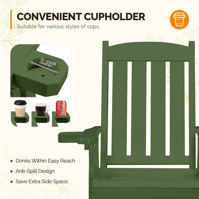 Alt view image 5 of 7 - VINGLI Outdoor Glider Chair Wood Patio Glider with Cup Holder, Porch Glider with Smooth Rocking Mechanism, Heavy Duty 600 LBS, Dark Green