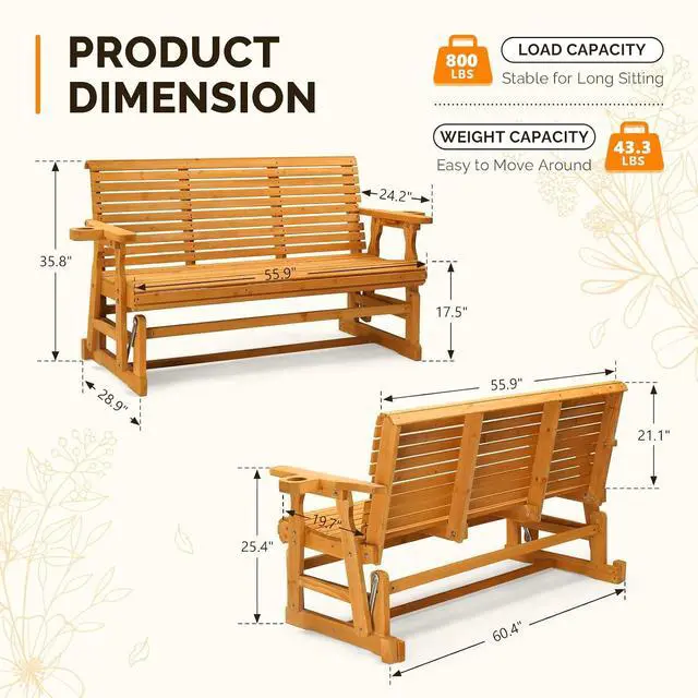 Alt view image 3 of 7 - VINGLI Outdoor Glider Wood Patio Chair with Cup Holders, 3-Person Outdoor Bench Glider Loveseat with Smooth Rocking Mechanism, Heavy Duty 800 LBS, Teak