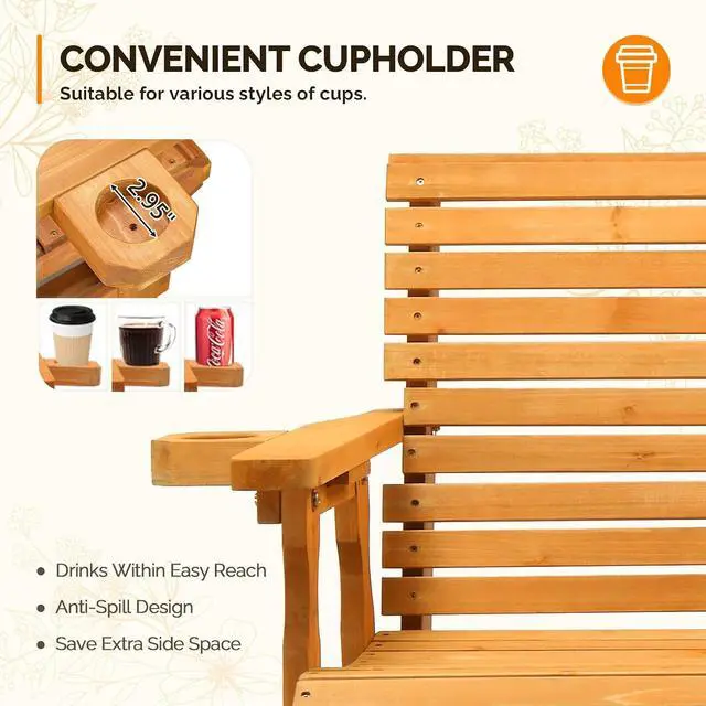 Alt view image 6 of 7 - VINGLI Outdoor Glider Wood Patio Chair with Cup Holders, 3-Person Outdoor Bench Glider Loveseat with Smooth Rocking Mechanism, Heavy Duty 800 LBS, Teak