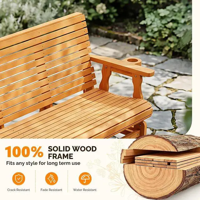 Alt view image 5 of 7 - VINGLI Outdoor Glider Wood Patio Chair with Cup Holders, 3-Person Outdoor Bench Glider Loveseat with Smooth Rocking Mechanism, Heavy Duty 800 LBS, Teak