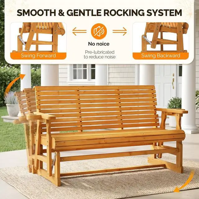 Alt view image 7 of 7 - VINGLI Outdoor Glider Wood Patio Chair with Cup Holders, 3-Person Outdoor Bench Glider Loveseat with Smooth Rocking Mechanism, Heavy Duty 800 LBS, Teak