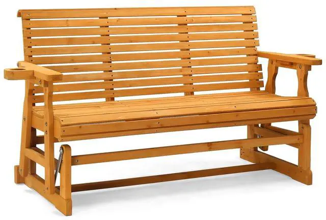 Main image of VINGLI Outdoor Glider Wood Patio Chair with Cup Holders, 3-Person Outdoor Bench Glider Loveseat with Smooth Rocking Mechanism, Heavy Duty 800 LBS, Teak