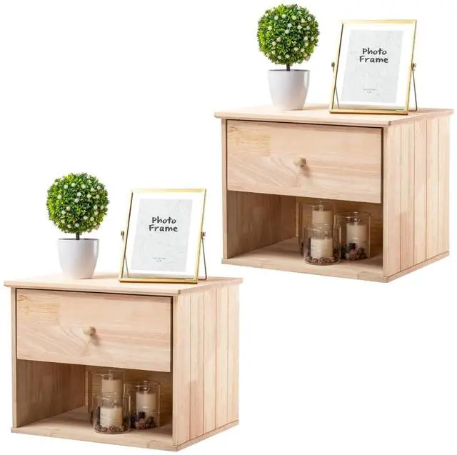 Main image of VINGLI Unfinished Natural Solid Wood Floating Nightstand for Bedroom Set of 2, Small Nightstand with Drawer & Open Shelf, Farmhouse Night Stand Wall-Mounted Bedside Table for Small Space Color DIY