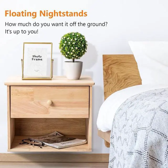 Alt view image 3 of 7 - VINGLI Unfinished Natural Solid Wood Floating Nightstand for Bedroom Set of 2, Small Nightstand with Drawer & Open Shelf, Farmhouse Night Stand Wall-Mounted Bedside Table for Small Space Color DIY