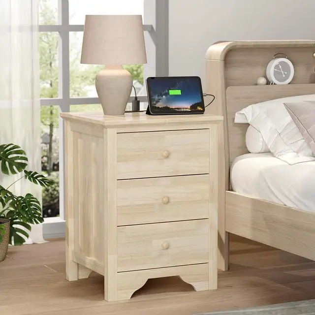 Main image of VINGLI Unfinished Solid Wood Nightstand for Color DIY, 18.54" W Nightstand with Charging Station, Nightstand with Drawers, Natural Wood Nightstands/Bed Side Table/End Table, Night Stand for Bedroom