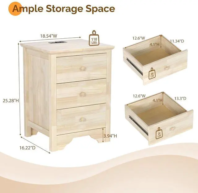 Alt view image 2 of 7 - VINGLI Unfinished Solid Wood Nightstand for Color DIY, 18.54" W Nightstand with Charging Station, Nightstand with Drawers, Natural Wood Nightstands/Bed Side Table/End Table, Night Stand for Bedroom
