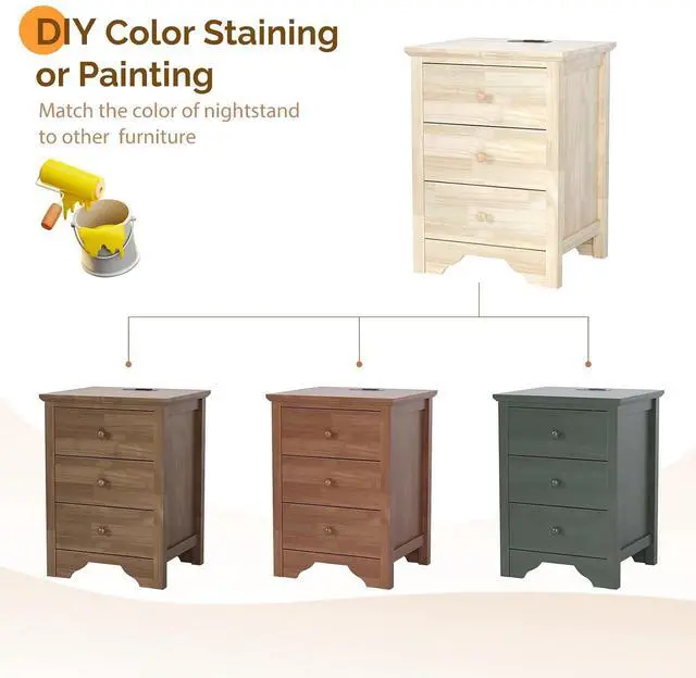Alt view image 4 of 7 - VINGLI Unfinished Solid Wood Nightstand for Color DIY, 18.54" W Nightstand with Charging Station, Nightstand with Drawers, Natural Wood Nightstands/Bed Side Table/End Table, Night Stand for Bedroom