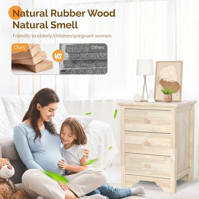 Alt view image 3 of 7 - VINGLI Unfinished Solid Wood Nightstand for Color DIY, 18.54" W Nightstand with Charging Station, Nightstand with Drawers, Natural Wood Nightstands/Bed Side Table/End Table, Night Stand for Bedroom