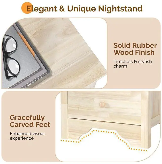 Alt view image 5 of 7 - VINGLI Unfinished Solid Wood Nightstand for Color DIY, 18.54" W Nightstand with Charging Station, Nightstand with Drawers, Natural Wood Nightstands/Bed Side Table/End Table, Night Stand for Bedroom