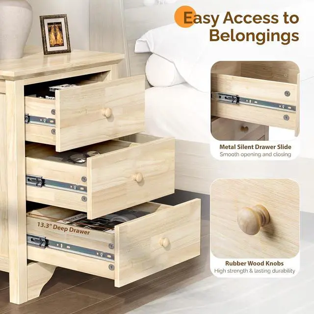 Alt view image 6 of 7 - VINGLI Unfinished Solid Wood Nightstand for Color DIY, 18.54" W Nightstand with Charging Station, Nightstand with Drawers, Natural Wood Nightstands/Bed Side Table/End Table, Night Stand for Bedroom