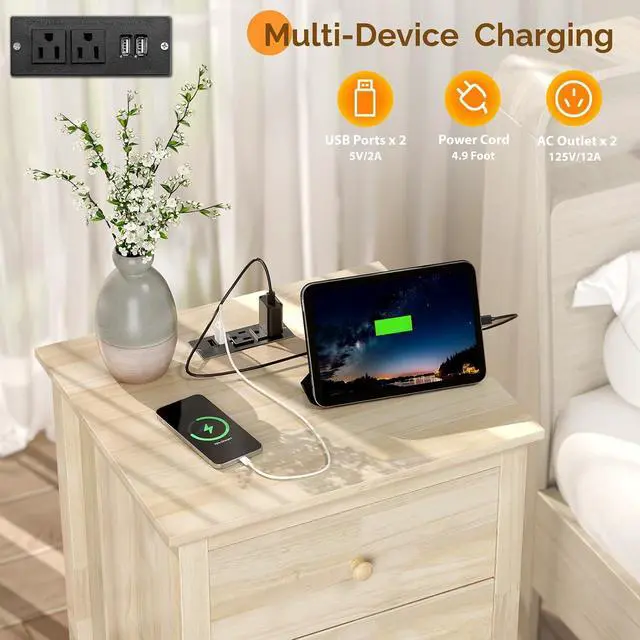 Alt view image 7 of 7 - VINGLI Unfinished Solid Wood Nightstand for Color DIY, 18.54" W Nightstand with Charging Station, Nightstand with Drawers, Natural Wood Nightstands/Bed Side Table/End Table, Night Stand for Bedroom