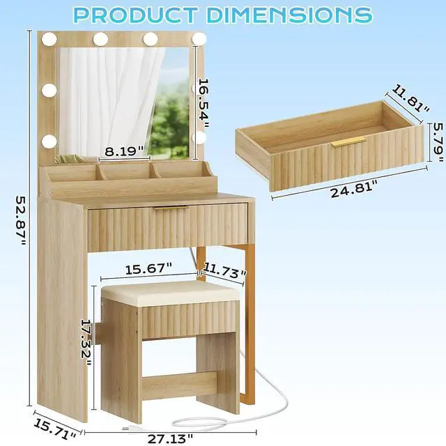 Alt view image 2 of 5 - VINGLI Fluted Makeup Vanity Desk Set with Chair & Mirror & Lights & Power Outlet, Small Vanity Table w/ 1 Drawers, Oak Hollywood Dressing Table Set Charging for Girls Teens Women