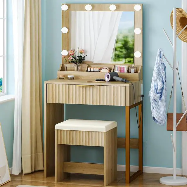 Alt view image 4 of 5 - VINGLI Fluted Makeup Vanity Desk Set with Chair & Mirror & Lights & Power Outlet, Small Vanity Table w/ 1 Drawers, Oak Hollywood Dressing Table Set Charging for Girls Teens Women