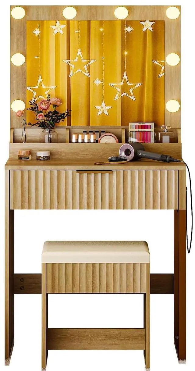 Alt view image 5 of 5 - VINGLI Fluted Makeup Vanity Desk Set with Chair & Mirror & Lights & Power Outlet, Small Vanity Table w/ 1 Drawers, Oak Hollywood Dressing Table Set Charging for Girls Teens Women