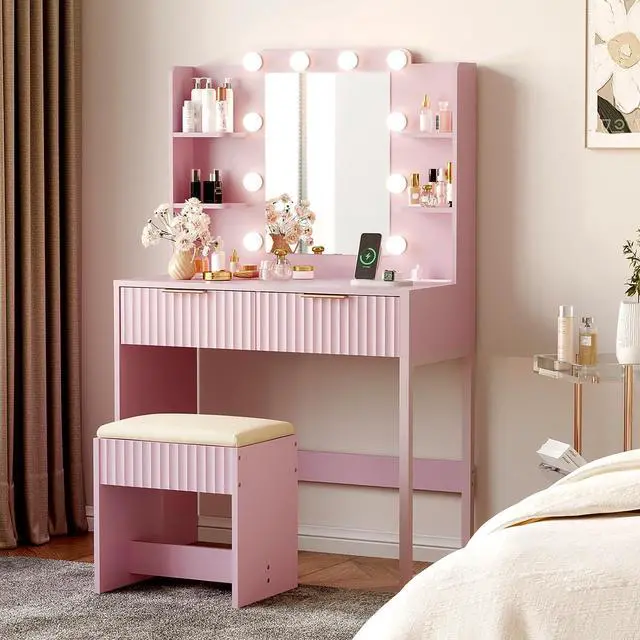 Main image of VINGLI Fluted Makeup Vanity Desk with Mirror & Lights & Power Outlet, Small Vanity Table w/ 2 Drawers & 4 Storage Shelves,Pink Modern Dressing Table Set Charging Station for Bedroom