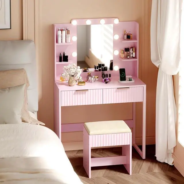 Alt view image 2 of 7 - VINGLI Fluted Makeup Vanity Desk with Mirror & Lights & Power Outlet, Small Vanity Table w/ 2 Drawers & 4 Storage Shelves,Pink Modern Dressing Table Set Charging Station for Bedroom