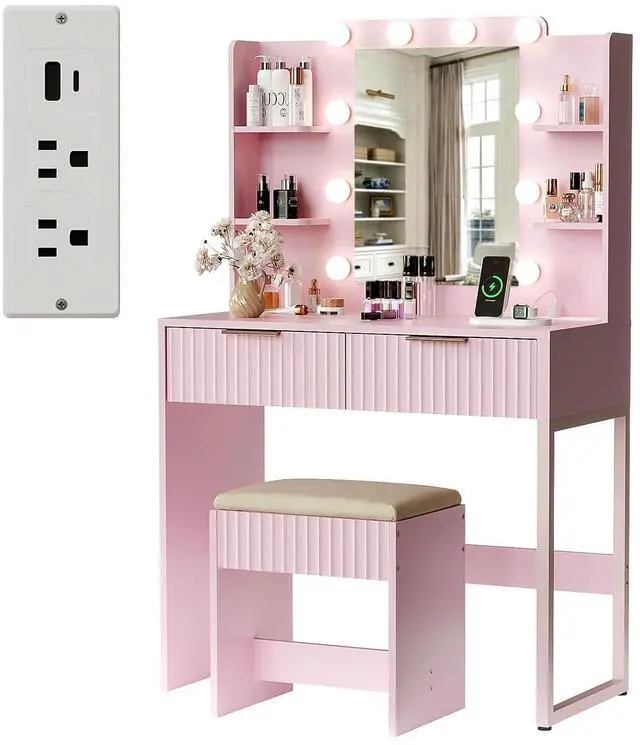 Alt view image 3 of 7 - VINGLI Fluted Makeup Vanity Desk with Mirror & Lights & Power Outlet, Small Vanity Table w/ 2 Drawers & 4 Storage Shelves,Pink Modern Dressing Table Set Charging Station for Bedroom