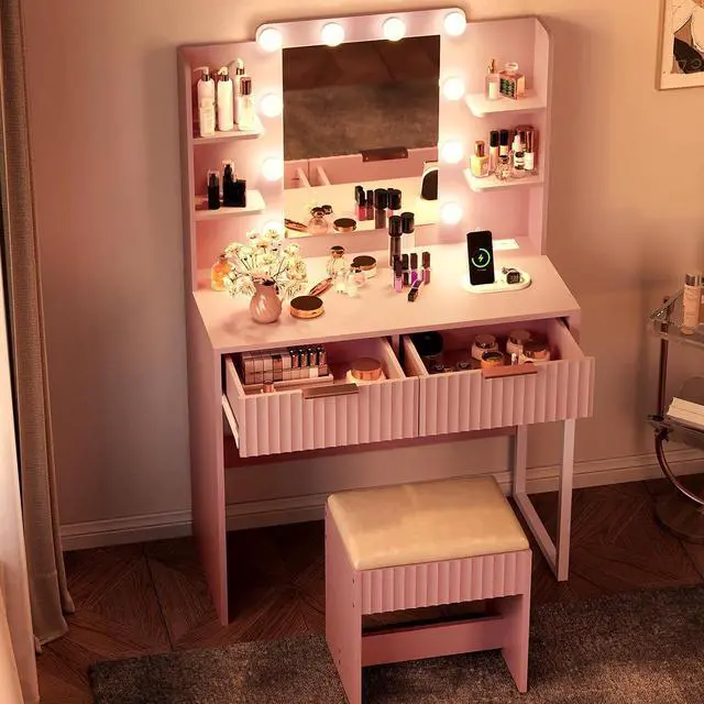 Alt view image 4 of 7 - VINGLI Fluted Makeup Vanity Desk with Mirror & Lights & Power Outlet, Small Vanity Table w/ 2 Drawers & 4 Storage Shelves,Pink Modern Dressing Table Set Charging Station for Bedroom