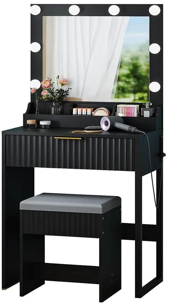 Main image of VINGLI Fluted Makeup Vanity Desk Set with Chair & Mirror & Lights & Power Outlet, Small Vanity Table w/ 1 Drawers, Black Hollywood Dressing Table Set Charging for Girls Teens Women