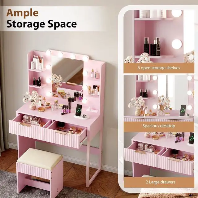 Alt view image 6 of 7 - VINGLI Fluted Makeup Vanity Desk with Mirror & Lights & Power Outlet, Small Vanity Table w/ 2 Drawers & 4 Storage Shelves,Pink Modern Dressing Table Set Charging Station for Bedroom