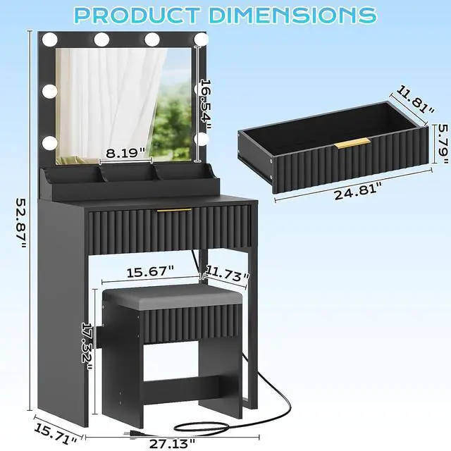 Alt view image 3 of 5 - VINGLI Fluted Makeup Vanity Desk Set with Chair & Mirror & Lights & Power Outlet, Small Vanity Table w/ 1 Drawers, Black Hollywood Dressing Table Set Charging for Girls Teens Women