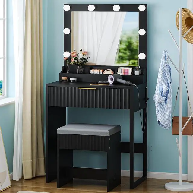 Alt view image 2 of 5 - VINGLI Fluted Makeup Vanity Desk Set with Chair & Mirror & Lights & Power Outlet, Small Vanity Table w/ 1 Drawers, Black Hollywood Dressing Table Set Charging for Girls Teens Women