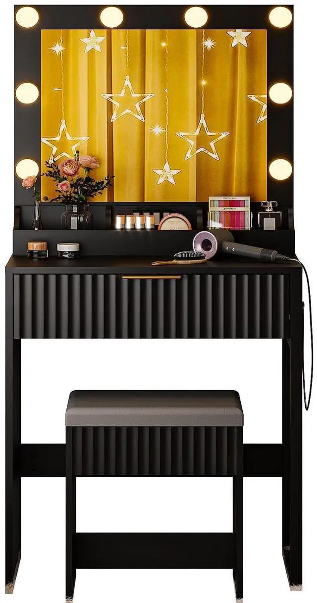 Alt view image 5 of 5 - VINGLI Fluted Makeup Vanity Desk Set with Chair & Mirror & Lights & Power Outlet, Small Vanity Table w/ 1 Drawers, Black Hollywood Dressing Table Set Charging for Girls Teens Women