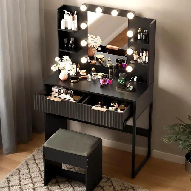 Main image of VINGLI Fluted Makeup Vanity Desk with Mirror & Lights & Power Outlet, Small Vanity Table w/ 2 Drawers & 4 Storage Shelves,Black Modern Dressing Table Set Charging Station for Bedroom