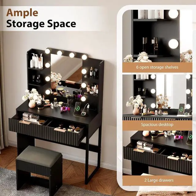 Alt view image 2 of 6 - VINGLI Fluted Makeup Vanity Desk with Mirror & Lights & Power Outlet, Small Vanity Table w/ 2 Drawers & 4 Storage Shelves,Black Modern Dressing Table Set Charging Station for Bedroom