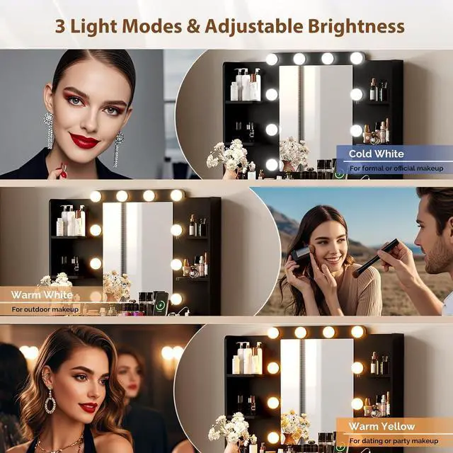 Alt view image 4 of 6 - VINGLI Fluted Makeup Vanity Desk with Mirror & Lights & Power Outlet, Small Vanity Table w/ 2 Drawers & 4 Storage Shelves,Black Modern Dressing Table Set Charging Station for Bedroom