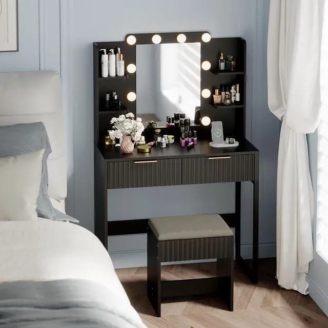 Alt view image 6 of 6 - VINGLI Fluted Makeup Vanity Desk with Mirror & Lights & Power Outlet, Small Vanity Table w/ 2 Drawers & 4 Storage Shelves,Black Modern Dressing Table Set Charging Station for Bedroom