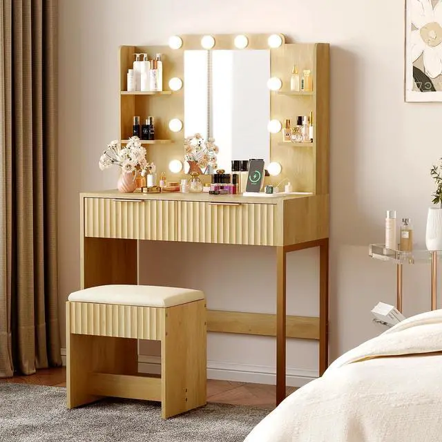 Main image of VINGLI Fluted Makeup Vanity Desk with Mirror & Lights & Power Outlet, Small Vanity Table w/ 2 Drawers & 4 Storage Shelves,Oak Modern Dressing Table Set Charging Station for Bedroom