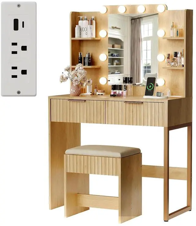 Alt view image 2 of 7 - VINGLI Fluted Makeup Vanity Desk with Mirror & Lights & Power Outlet, Small Vanity Table w/ 2 Drawers & 4 Storage Shelves,Oak Modern Dressing Table Set Charging Station for Bedroom