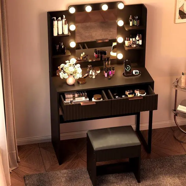 Alt view image 5 of 6 - VINGLI Fluted Makeup Vanity Desk with Mirror & Lights & Power Outlet, Small Vanity Table w/ 2 Drawers & 4 Storage Shelves,Black Modern Dressing Table Set Charging Station for Bedroom