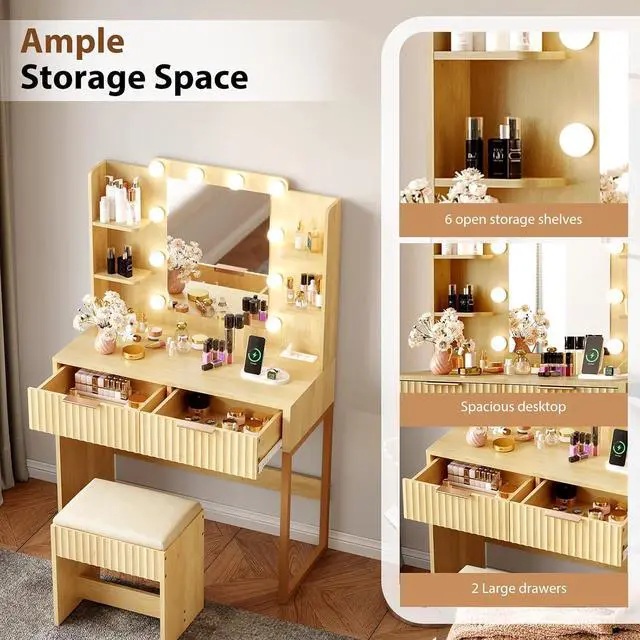 Alt view image 3 of 7 - VINGLI Fluted Makeup Vanity Desk with Mirror & Lights & Power Outlet, Small Vanity Table w/ 2 Drawers & 4 Storage Shelves,Oak Modern Dressing Table Set Charging Station for Bedroom