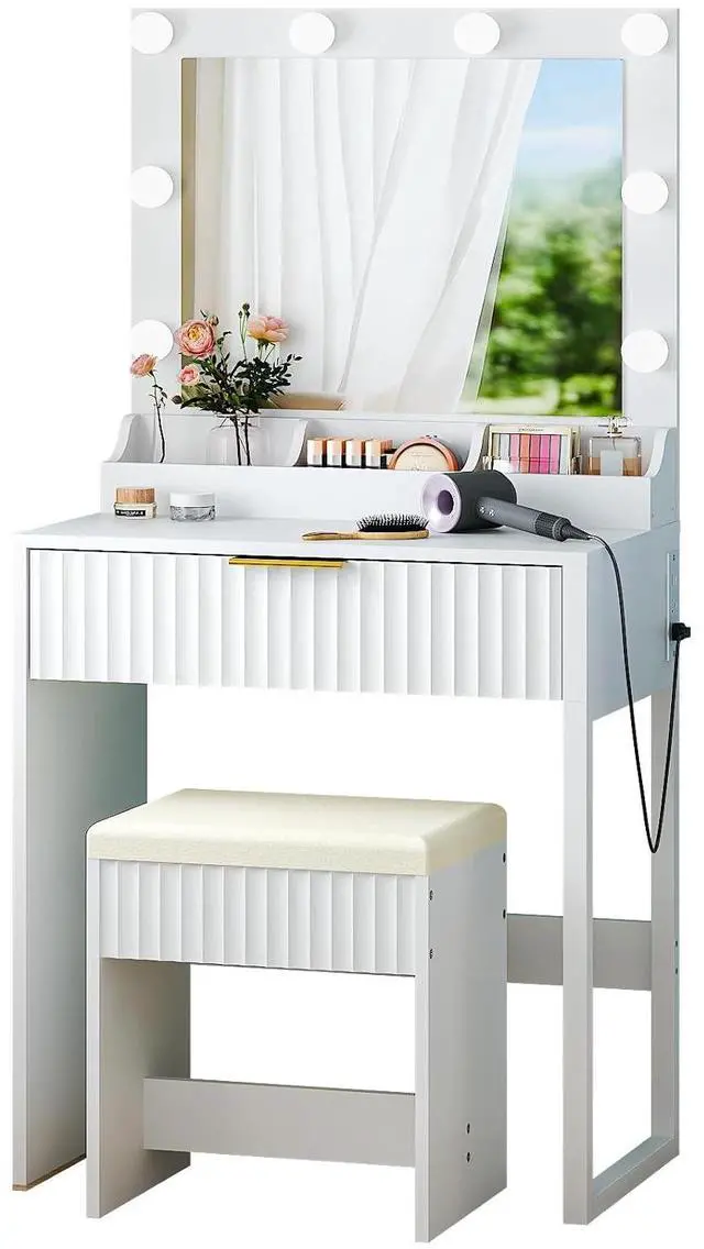 Main image of VINGLI Fluted Makeup Vanity Desk Set with Chair & Mirror & Lights & Power Outlet, Small Vanity Table w/ 1 Drawers, White Hollywood Dressing Table Set Charging for Girls Teens Women