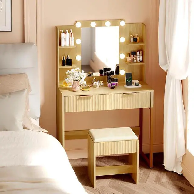 Alt view image 7 of 7 - VINGLI Fluted Makeup Vanity Desk with Mirror & Lights & Power Outlet, Small Vanity Table w/ 2 Drawers & 4 Storage Shelves,Oak Modern Dressing Table Set Charging Station for Bedroom