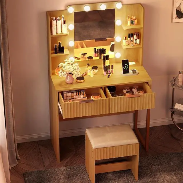 Alt view image 6 of 7 - VINGLI Fluted Makeup Vanity Desk with Mirror & Lights & Power Outlet, Small Vanity Table w/ 2 Drawers & 4 Storage Shelves,Oak Modern Dressing Table Set Charging Station for Bedroom