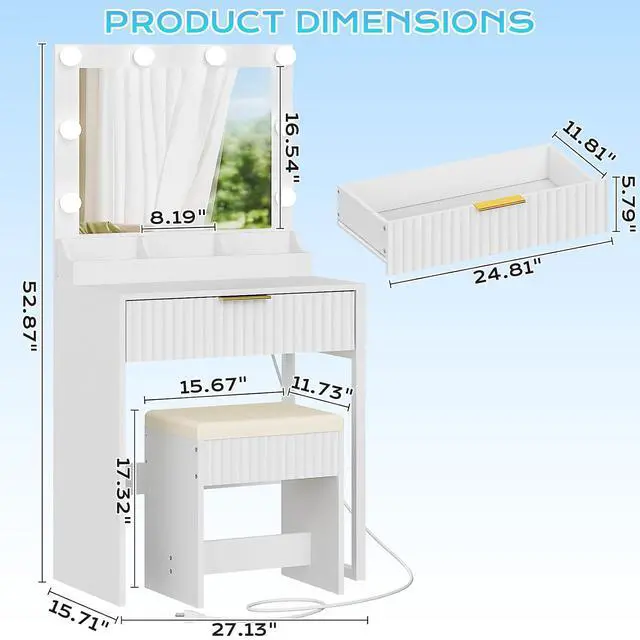 Alt view image 2 of 5 - VINGLI Fluted Makeup Vanity Desk Set with Chair & Mirror & Lights & Power Outlet, Small Vanity Table w/ 1 Drawers, White Hollywood Dressing Table Set Charging for Girls Teens Women