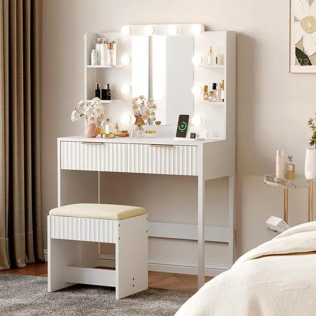 Main image of VINGLI Fluted Makeup Vanity Desk with Mirror and Lights and Stools, Small Vanity Table with Bench Chair & 2 Drawers & 4 Storage Shelves, White Dressing Table Set for Girls Bedroom