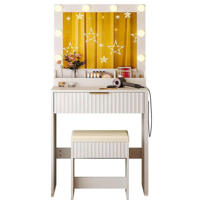 Alt view image 5 of 5 - VINGLI Fluted Makeup Vanity Desk Set with Chair & Mirror & Lights & Power Outlet, Small Vanity Table w/ 1 Drawers, White Hollywood Dressing Table Set Charging for Girls Teens Women