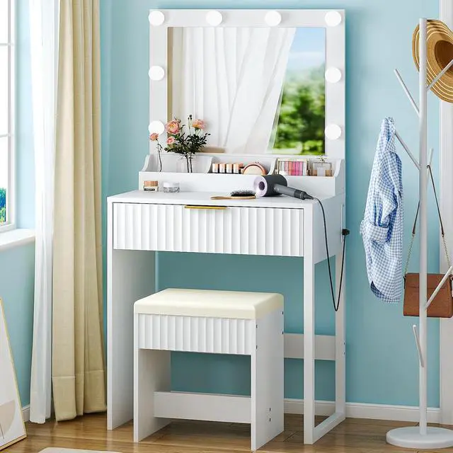 Alt view image 4 of 5 - VINGLI Fluted Makeup Vanity Desk Set with Chair & Mirror & Lights & Power Outlet, Small Vanity Table w/ 1 Drawers, White Hollywood Dressing Table Set Charging for Girls Teens Women