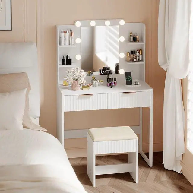 Alt view image 2 of 7 - VINGLI Fluted Makeup Vanity Desk with Mirror and Lights and Stools, Small Vanity Table with Bench Chair & 2 Drawers & 4 Storage Shelves, White Dressing Table Set for Girls Bedroom