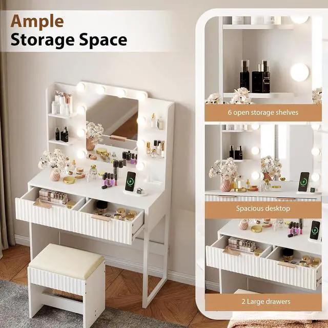 Alt view image 3 of 7 - VINGLI Fluted Makeup Vanity Desk with Mirror and Lights and Stools, Small Vanity Table with Bench Chair & 2 Drawers & 4 Storage Shelves, White Dressing Table Set for Girls Bedroom