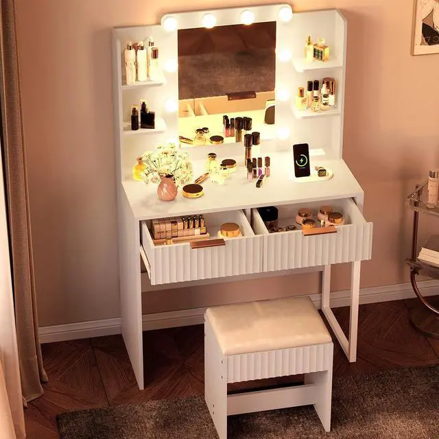 Alt view image 6 of 7 - VINGLI Fluted Makeup Vanity Desk with Mirror and Lights and Stools, Small Vanity Table with Bench Chair & 2 Drawers & 4 Storage Shelves, White Dressing Table Set for Girls Bedroom